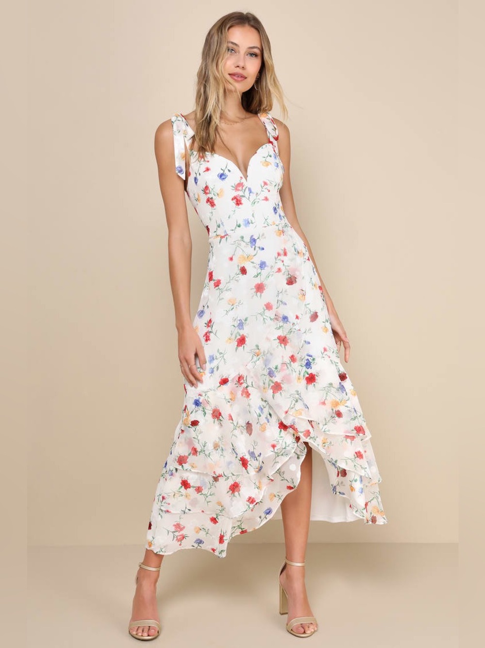 NWT So Elevated Ivory Floral Jacquard Tie-Strap High-Low Midi Dress Sz Medium
